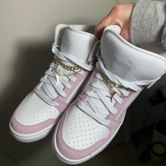 Puma Shoes - Puma Lilac and White High-Top Sneakers with Gold Chain Accent